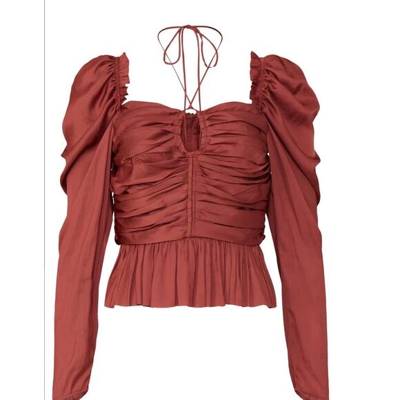 ULLA JOHNSON Women's Red Satin Halter Neck Mirelle Peplum Puff Blouse Size 10 - Picture 3 of 16